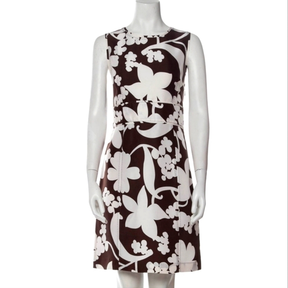 Tory Burch Silk Dress Size 10 Brown White Bold Floral A-Line Top Stitching - Picture 1 of 6
